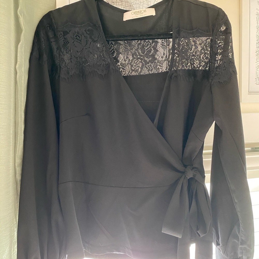 Black Wrap Blouse with tie and Lace on Top